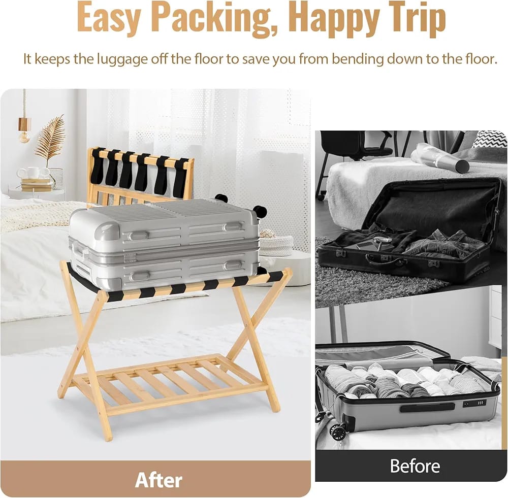 Folding Wooden Luggage Holder Rack, Suitcase Stand with Storage Shelf