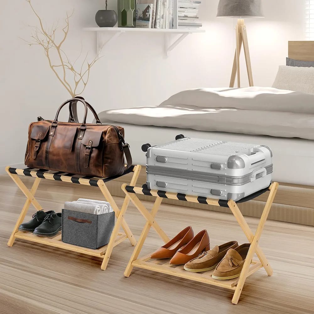 Folding Wooden Luggage Holder Rack, Suitcase Stand with Storage Shelf