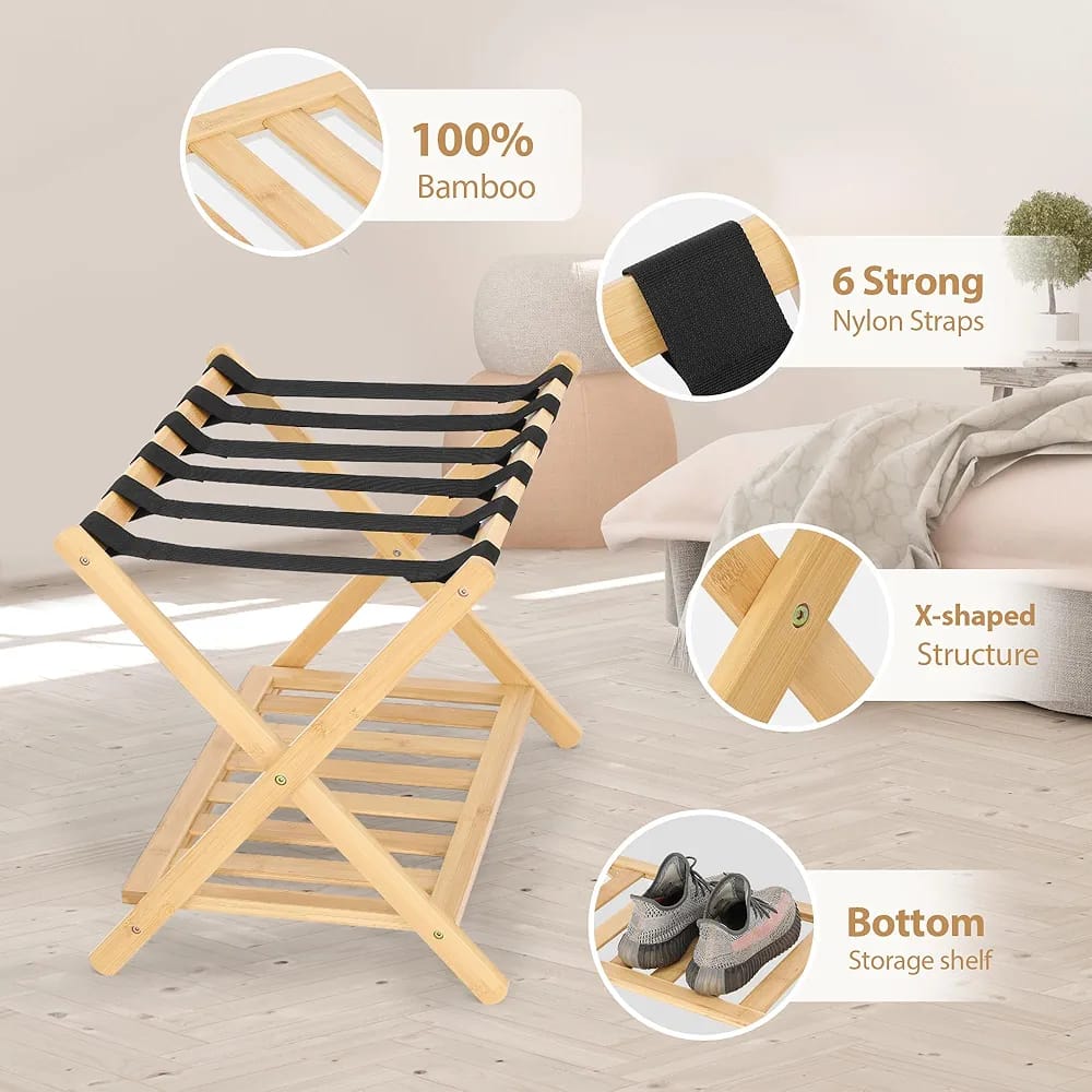 Folding Wooden Luggage Holder Rack, Suitcase Stand with Storage Shelf