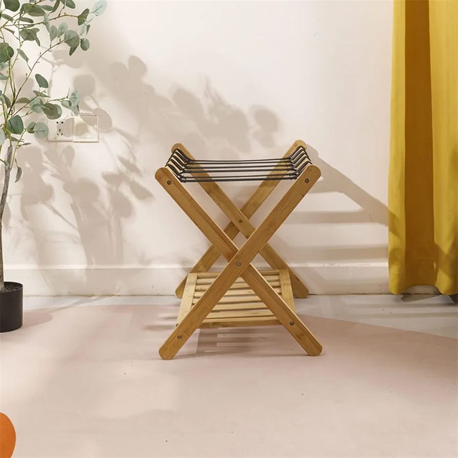 Folding Wooden Luggage Holder Rack, Suitcase Stand with Storage Shelf