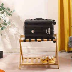 Folding Wooden Luggage Holder Rack, Suitcase Stand with Storage Shelf