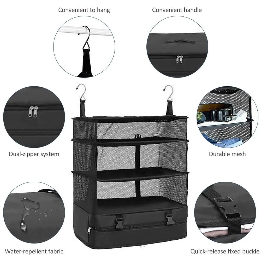 Hanging Travel Shelf Organizer, Luggage Packing Cube Bag, Collapsible Garment Storage Organizer