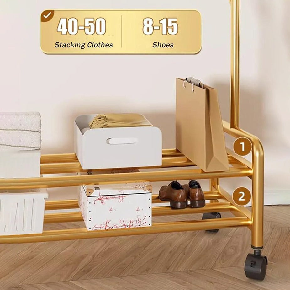 Heavy Duty Clothes Organizer Hanger Rack, Movable Cloth Display Stand with Lower Storage Shelf