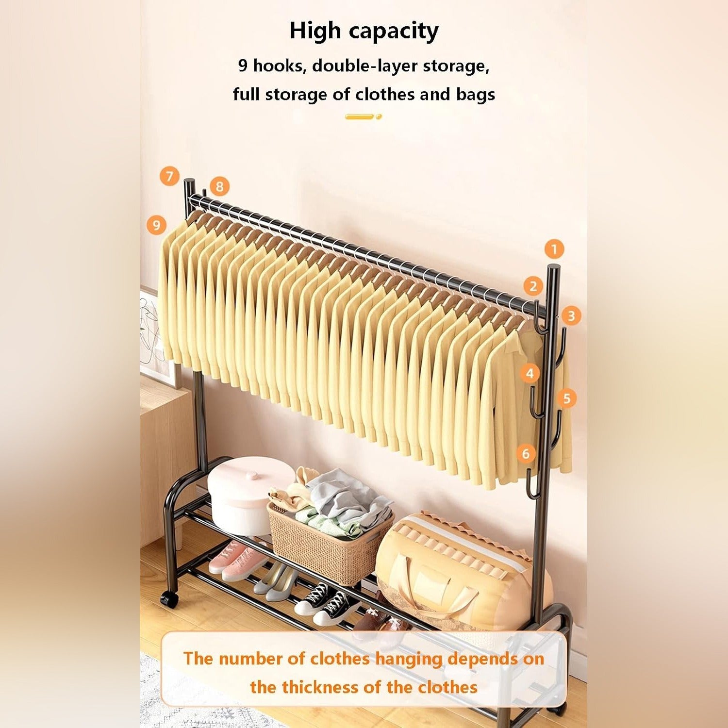 Heavy Duty Clothes Organizer Hanger Rack, Movable Cloth Display Stand with Lower Storage Shelf