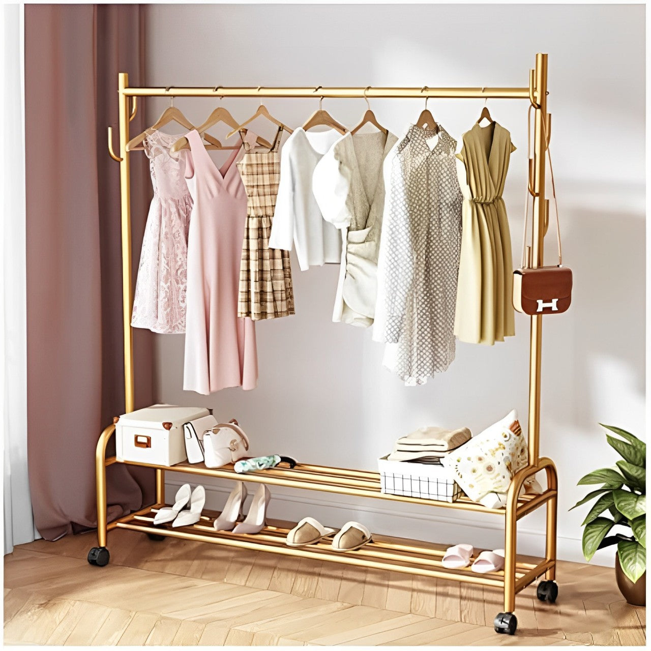 Heavy Duty Clothes Organizer Hanger Rack, Movable Cloth Display Stand with Lower Storage Shelf