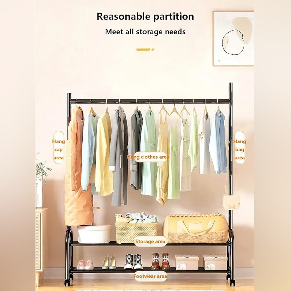Heavy Duty Clothes Organizer Hanger Rack, Movable Cloth Display Stand with Lower Storage Shelf