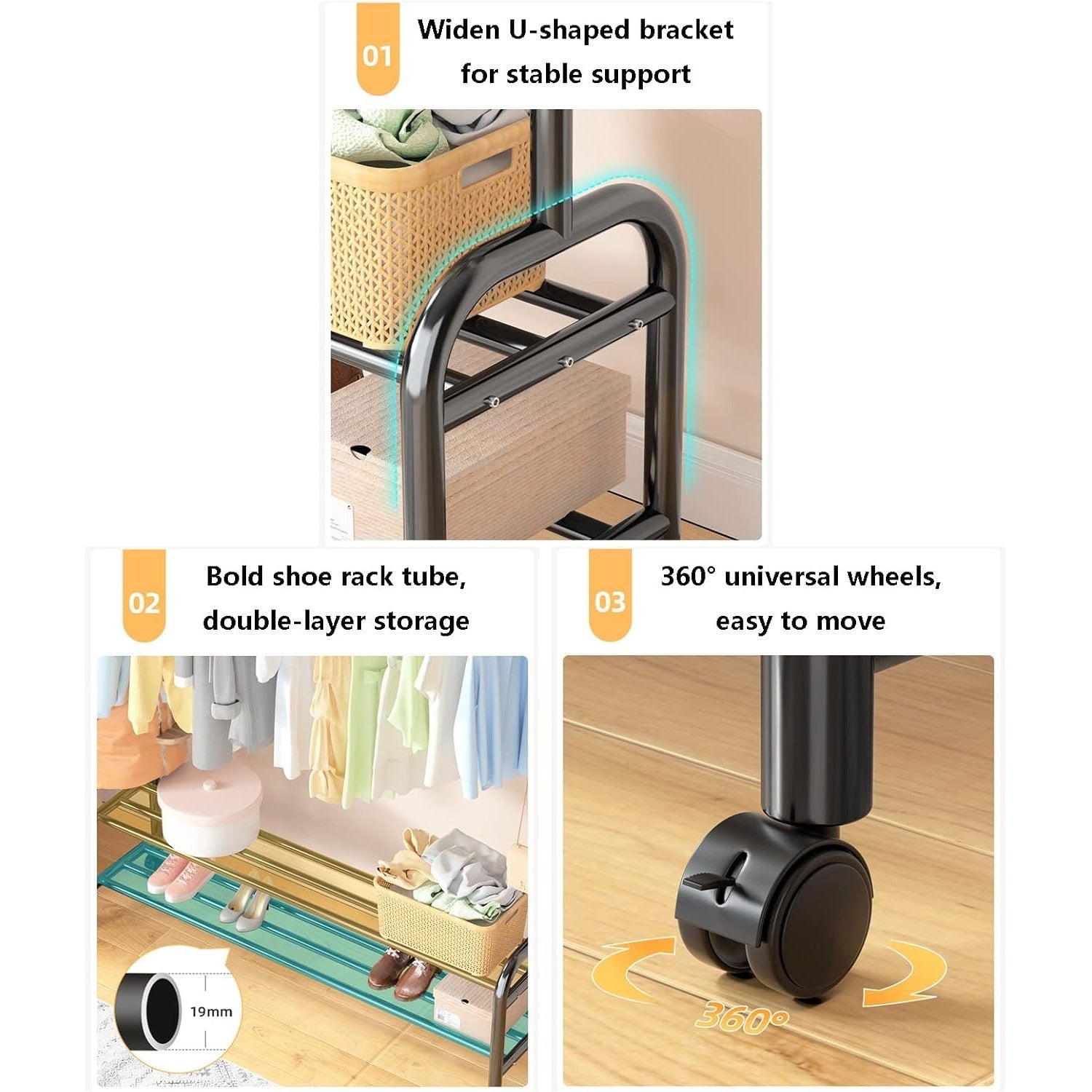 Heavy Duty Clothes Organizer Hanger Rack, Movable Cloth Display Stand with Lower Storage Shelf