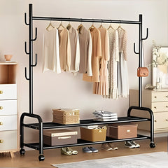 Heavy Duty Clothes Organizer Hanger Rack, Movable Cloth Display Stand with Lower Storage Shelf