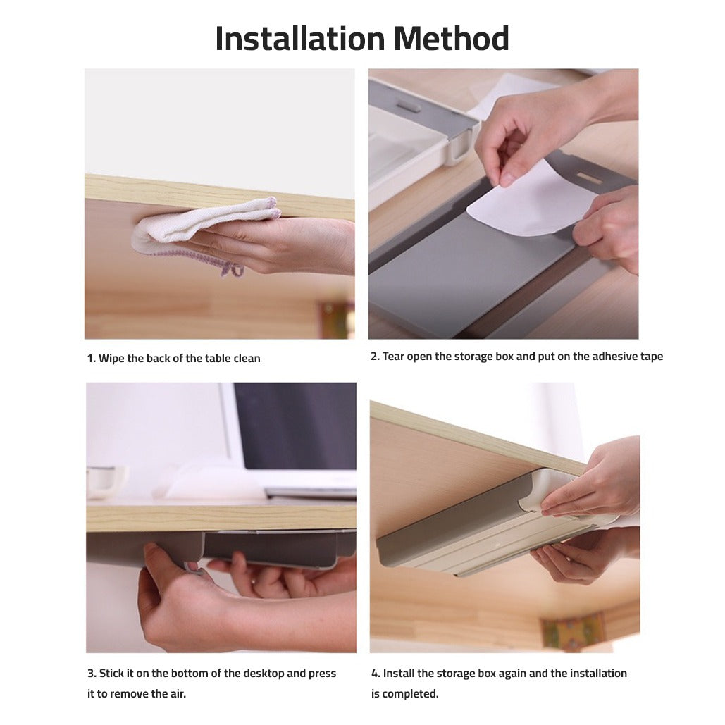 Hidden Drawer Pencil Rack - Self-Adhesive Under Table Storage Box Tray for Student Office Use
