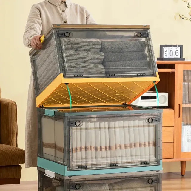 Foldable Plastic Storage Boxes with Latching Lids & Wheels, Clear Storage Stackable Container Bins
