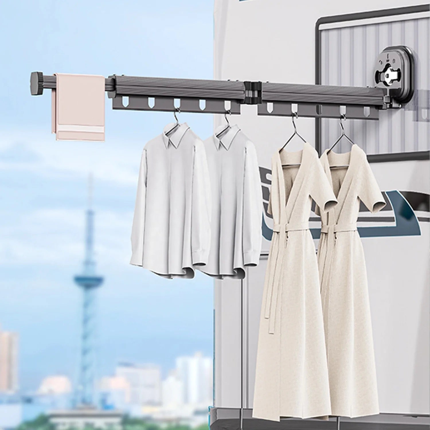 Retractable Suction Cup Clothes Drying Rack - Folding Laundry Rack with Extension Pole
