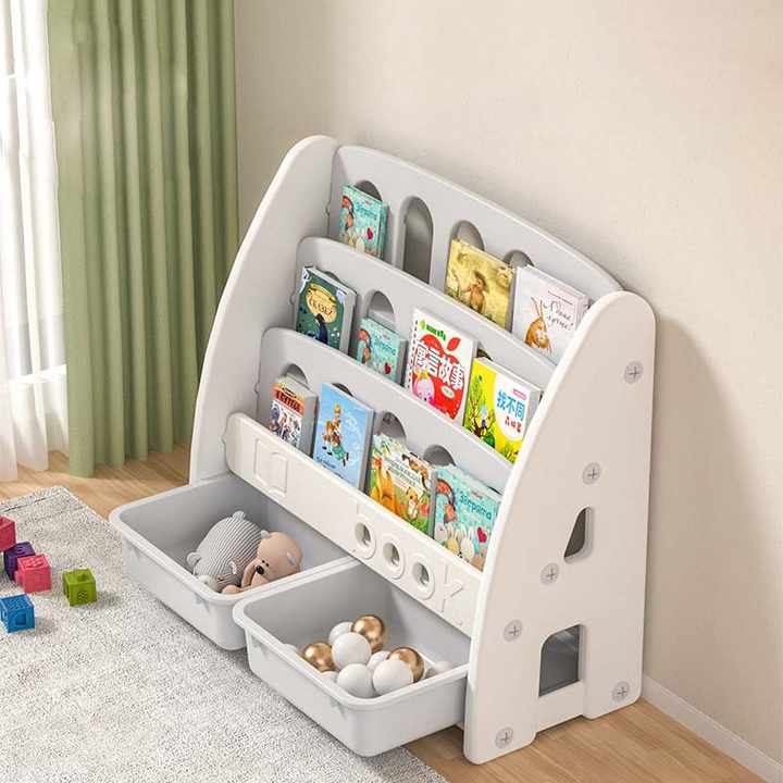 Kids Bookshelf Display Stand, Multi -Layer Bookcase with Storage Bins for Children Room