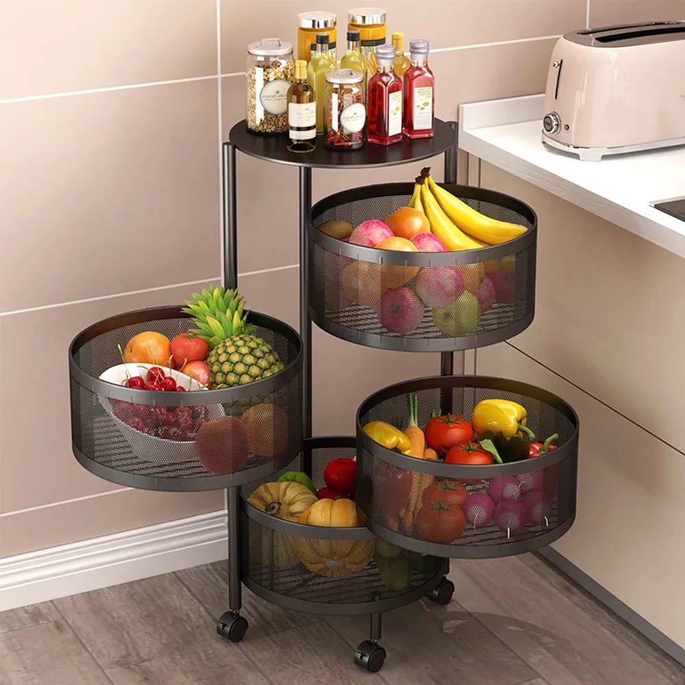 Multi- Layer Kitchen Storage Rotatable Rack, Round Basket Shelf Rack, Kitchen Fruit Vegetable Storage Organizer Cart with Wheels