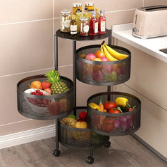 Multi- Layer Kitchen Storage Rotatable Rack, Round Basket Shelf Rack, Kitchen Fruit Vegetable Storage Organizer Cart with Wheels