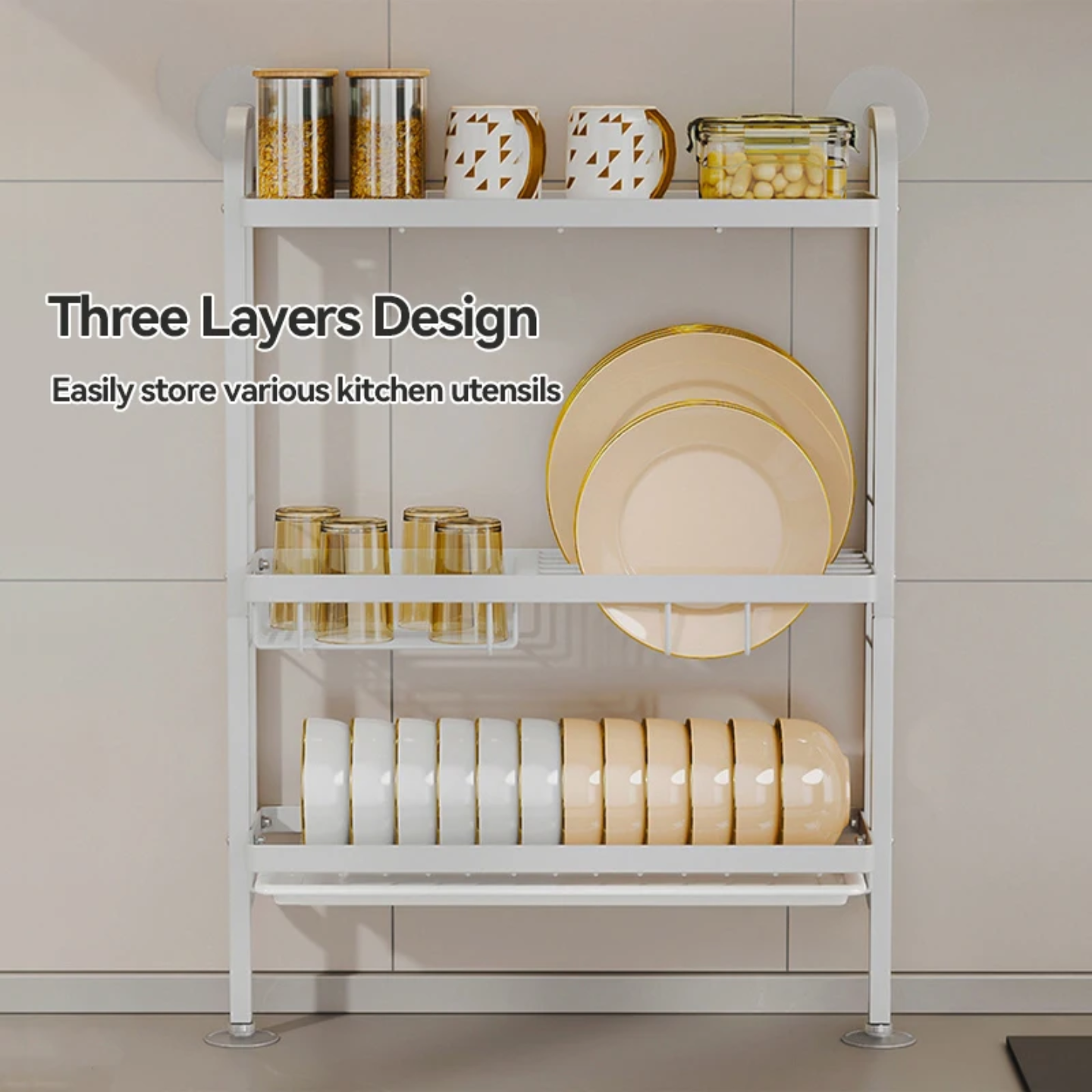 Kitchen Dish Storage Rack, Countertop Dish Drying Organizer Stand for Plates, Cups & Utensils