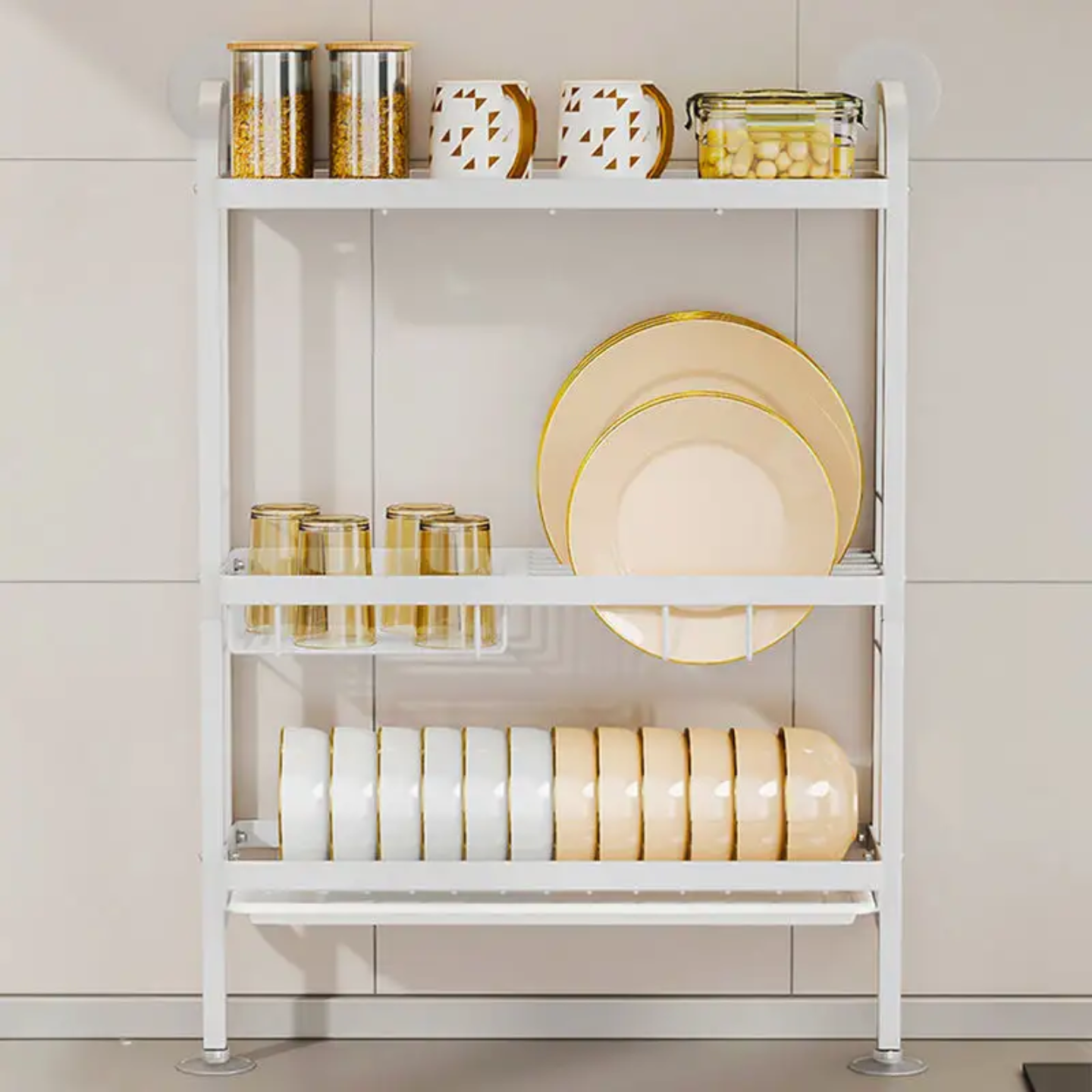 Kitchen Dish Storage Rack, Countertop Dish Drying Organizer Stand for Plates, Cups & Utensils