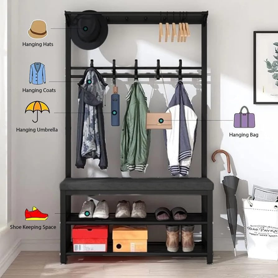 Large Coat Stand Hanger with Shoe Rack Bench, Entryway Storage Bench With Hooks