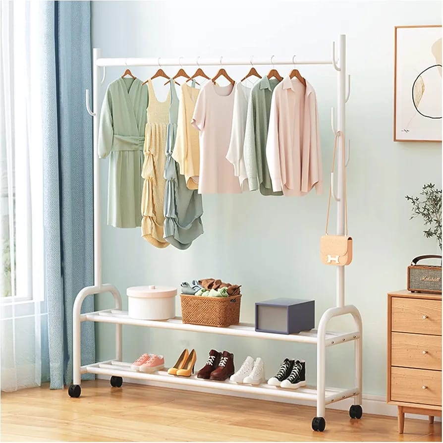 Heavy Duty Clothes Organizer Hanger Rack, Movable Cloth Display Stand with Lower Storage Shelf