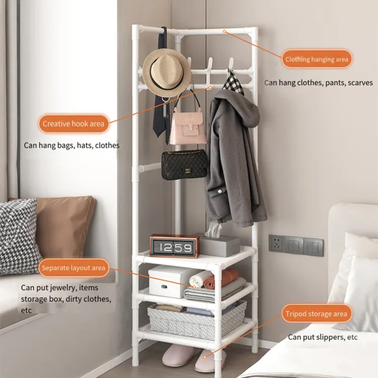 Multi-Layer Clothing Rack, Corner Storage Organizer Shelf, Coat Hat Rack Stand