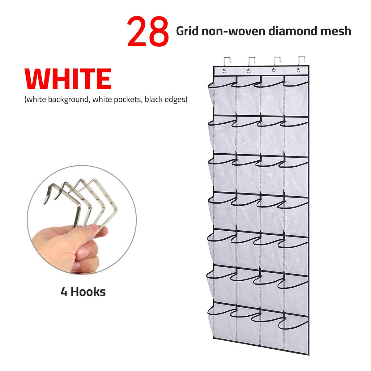 Over the Door Shoe Holder Rack - 28 Pocket Closet Organizer, Hanging Storage Hanger for Slippers, Toys, Clothes