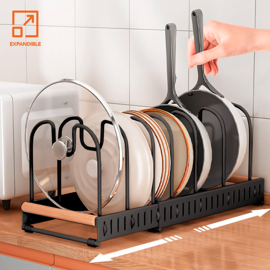 Expandable Pot and Pan Organizer Rack, Lid Holder – Adjustable Kitchen Storage Solution