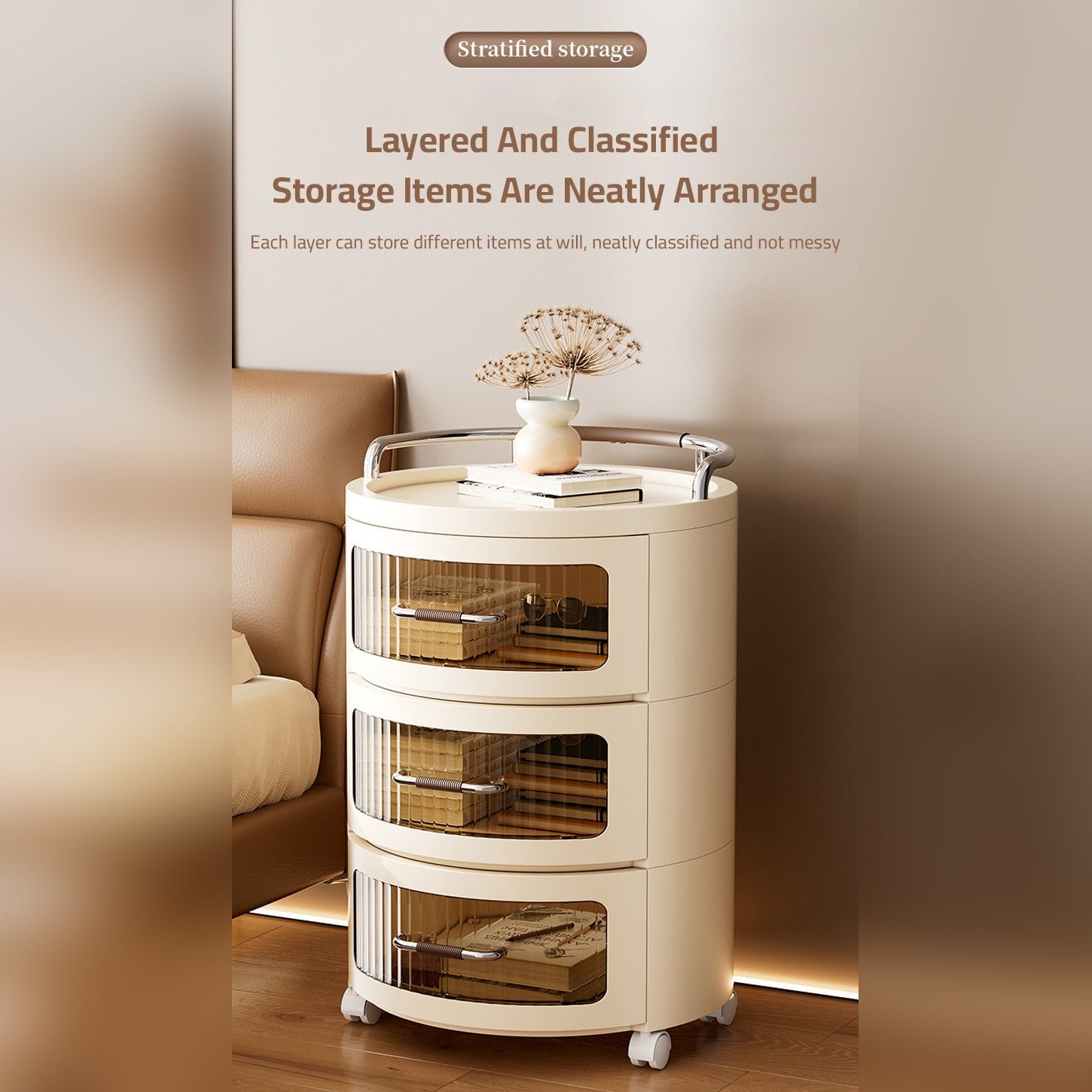 Round Rolling Storage Cabinet, Bedside Table Shelf Rack with Drawers, Multi- layer Modern Nightstand