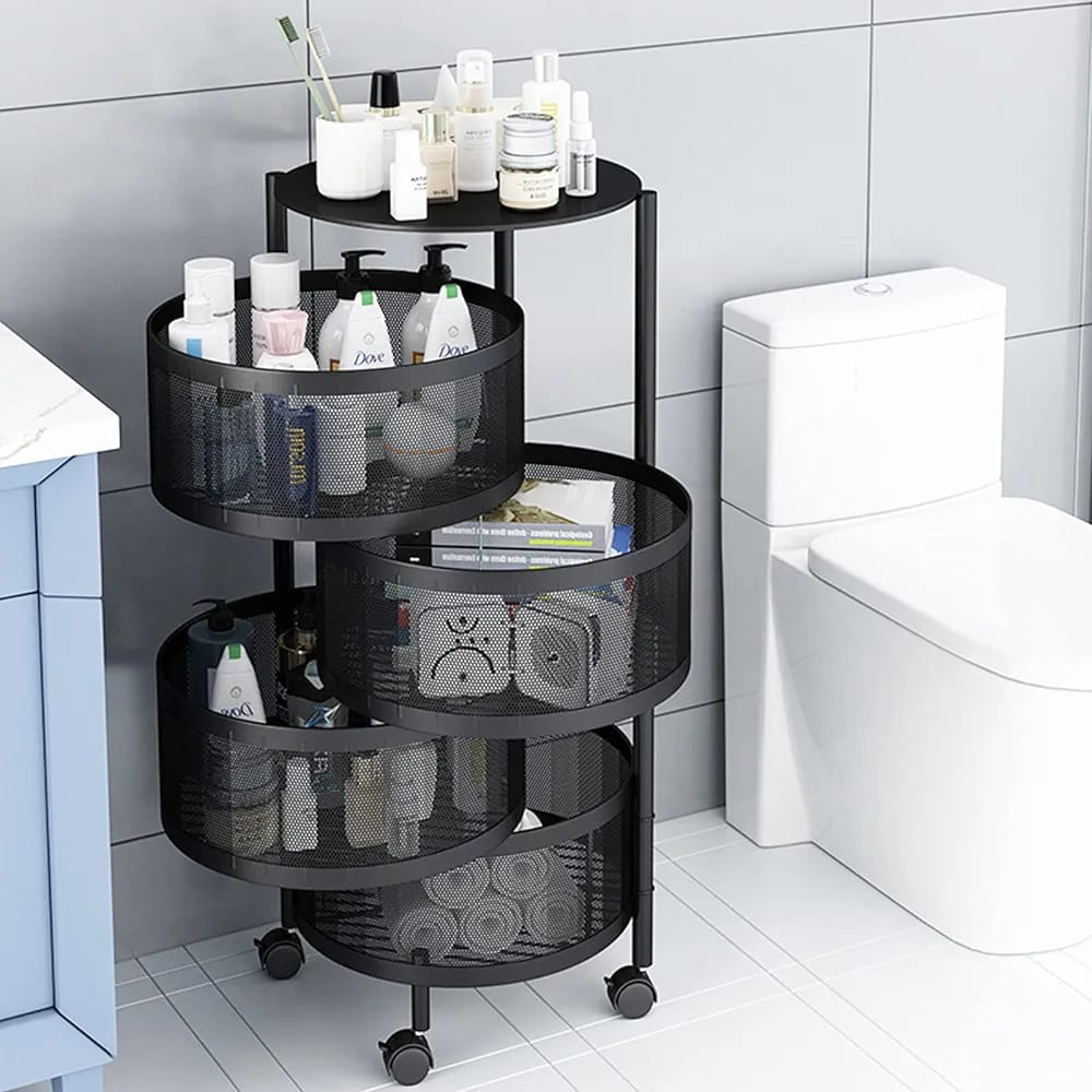 Multi- Layer Kitchen Storage Rotatable Rack, Round Basket Shelf Rack, Kitchen Fruit Vegetable Storage Organizer Cart with Wheels