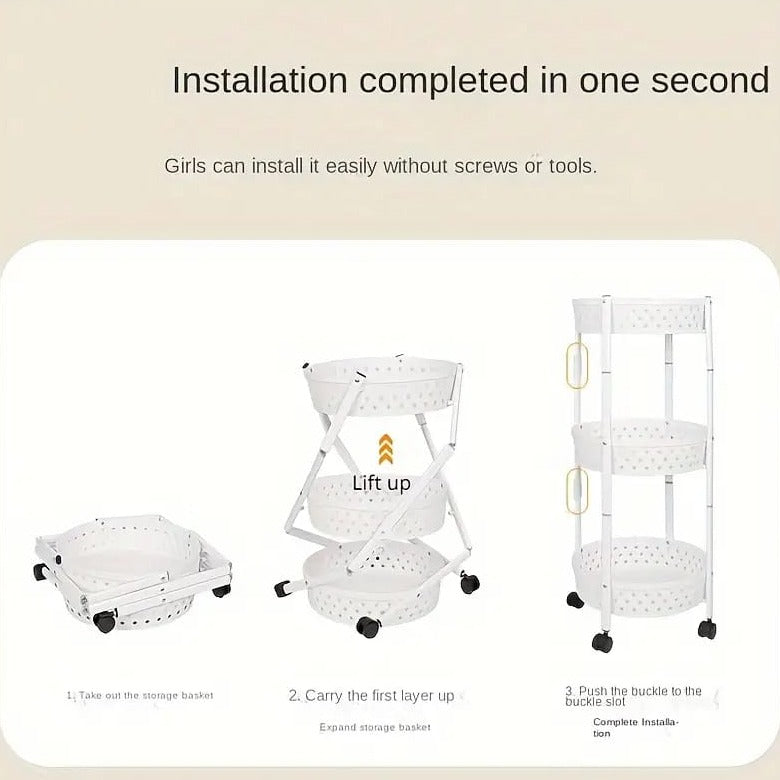 3 Layer Kitchen Trolley, Rolling Utility Cart, Foldable Kitchen Storage Rack