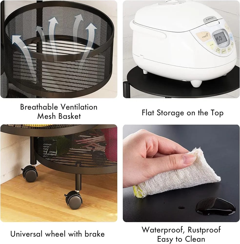 Multi- Layer Kitchen Storage Rotatable Rack, Round Basket Shelf Rack, Kitchen Fruit Vegetable Storage Organizer Cart with Wheels