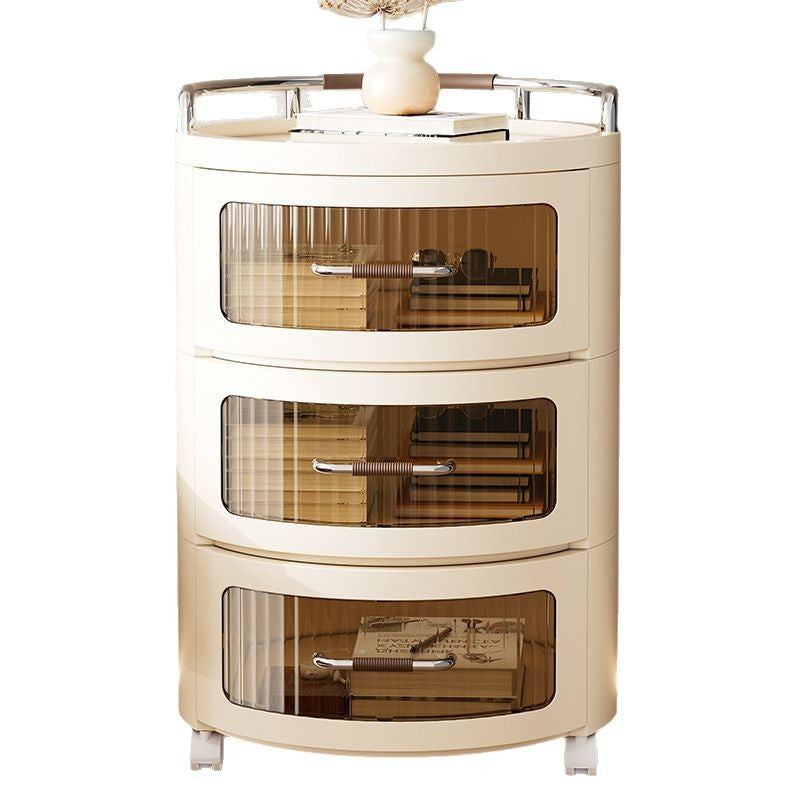 Round Rolling Storage Cabinet, Bedside Table Shelf Rack with Drawers, Multi- layer Modern Nightstand