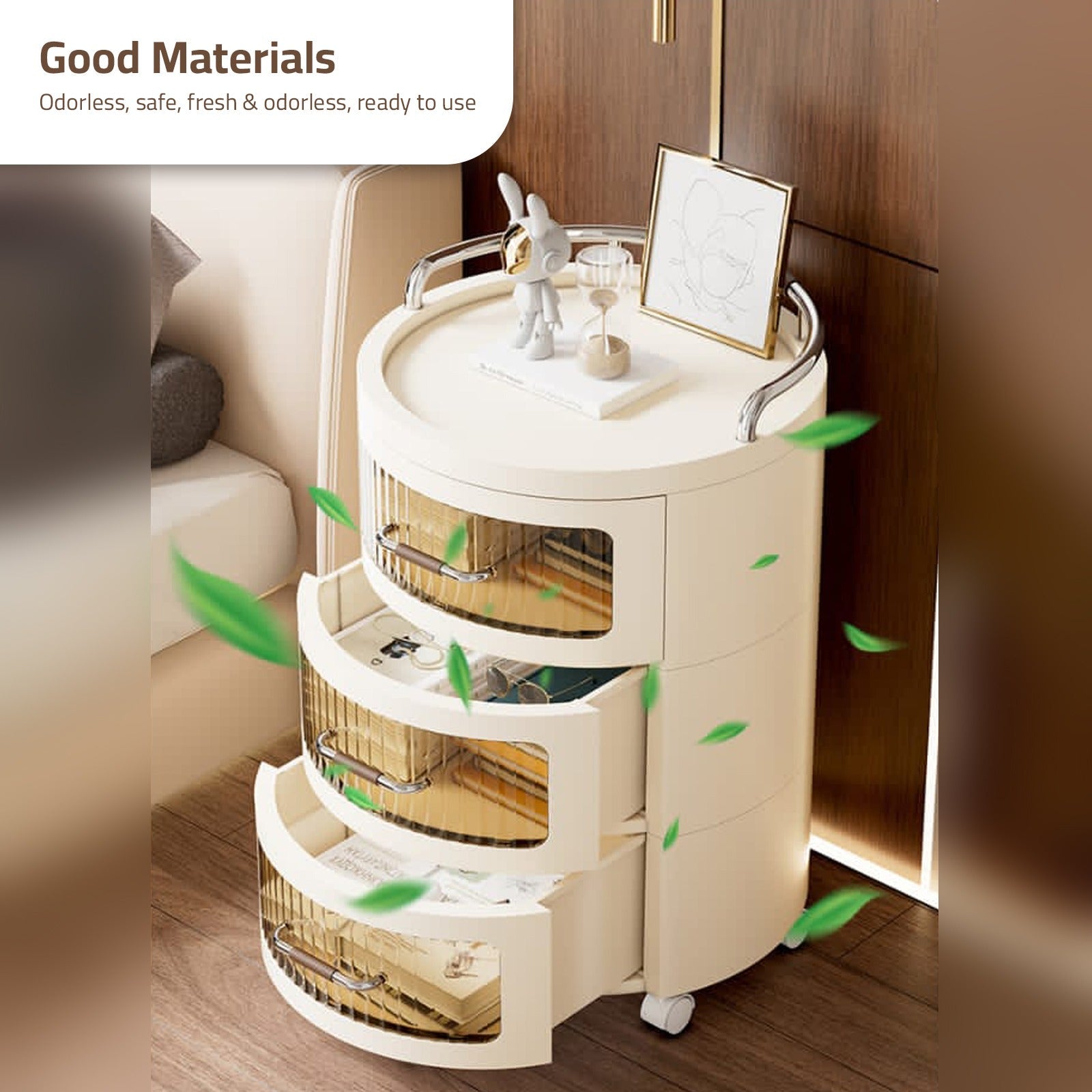Round Rolling Storage Cabinet, Bedside Table Shelf Rack with Drawers, Multi- layer Modern Nightstand