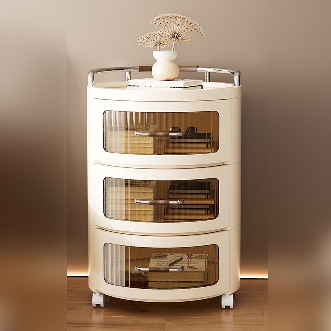 Round Rolling Storage Cabinet, Bedside Table Shelf Rack with Drawers, Multi- layer Modern Nightstand