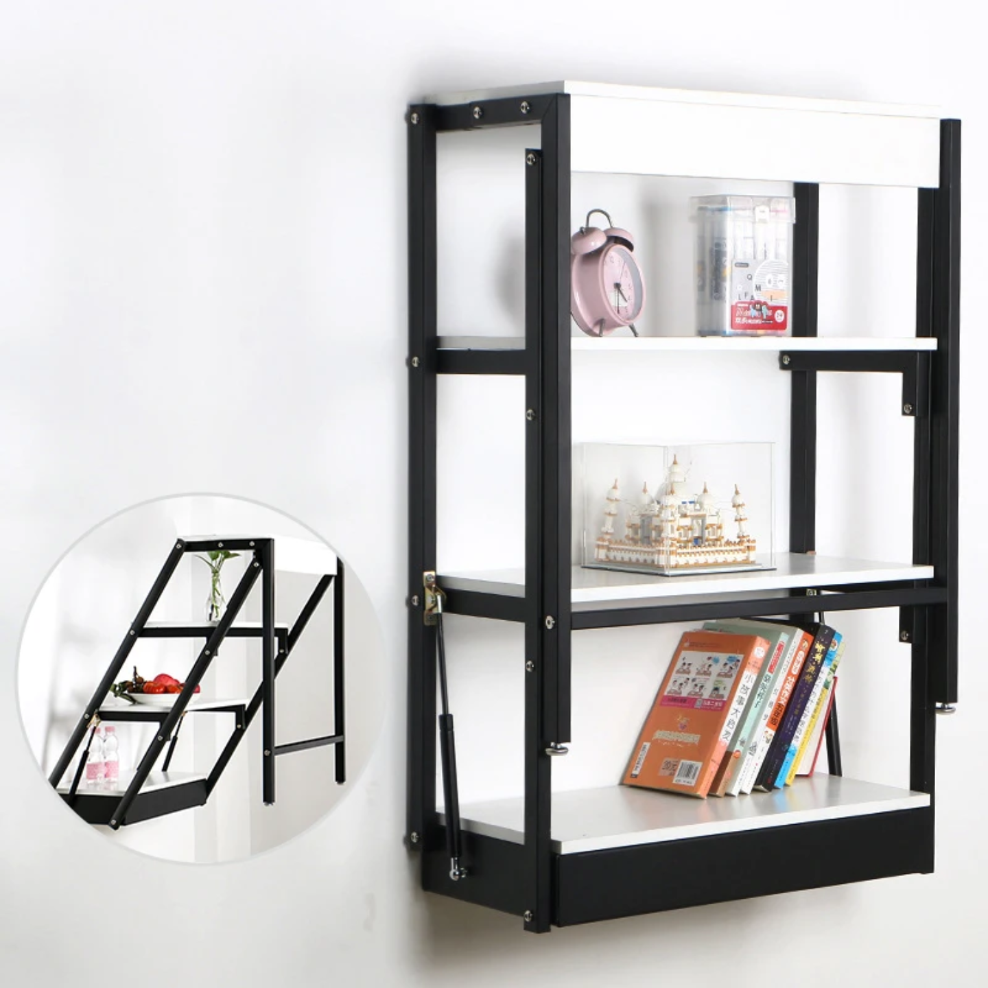 Wall-Mounted Folding Table with Convertible Storage Shelf Rack, Multi-Purpose Desk & Bookshelf Combo