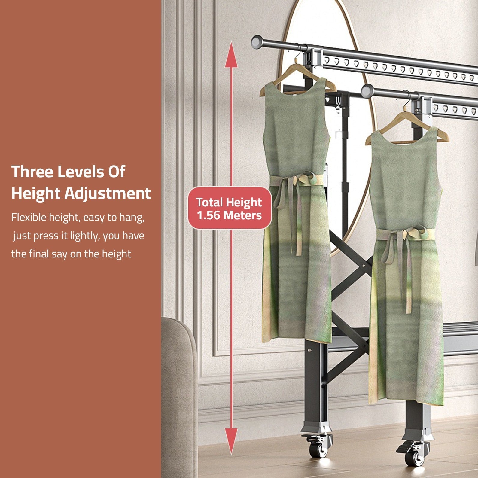 Double Rod Cloth Drying Stand, Movable Garment Display Stand For Home