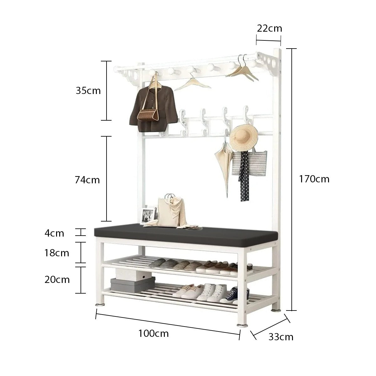 Large Coat Stand Hanger with Shoe Rack Bench, Entryway Storage Bench With Hooks