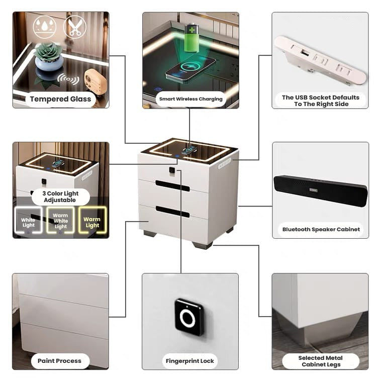 Smart Bedside Table, Bedroom Sofa Side Cabinet with Lights, USB  Charging