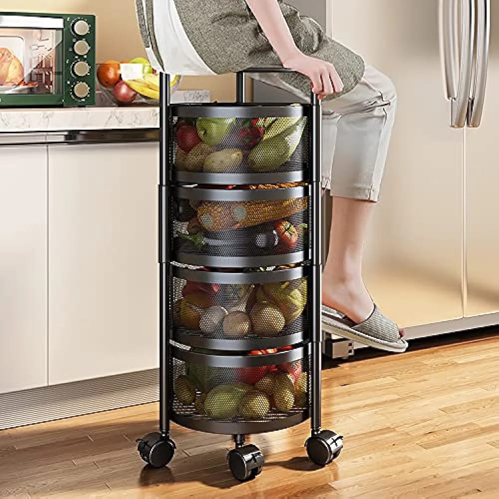 Multi- Layer Kitchen Storage Rotatable Rack, Round Basket Shelf Rack, Kitchen Fruit Vegetable Storage Organizer Cart with Wheels
