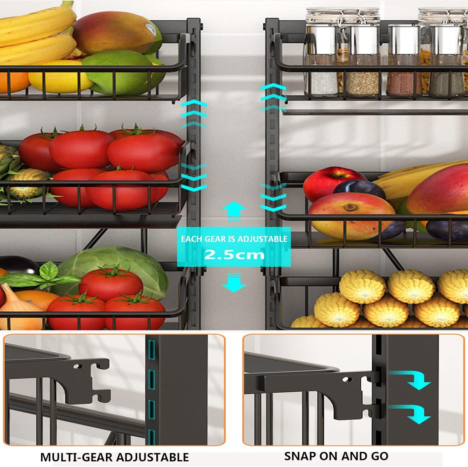 Adjustable Fruit Vegetable Basket Cart - Stackable Home Storage Rack for Kitchen