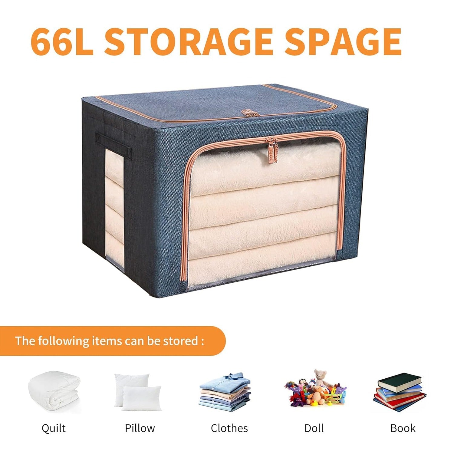 2 x 66L Foldable Large Capacity Cloth Storage, Wardrobe Organizer Box with Steel Frame Support