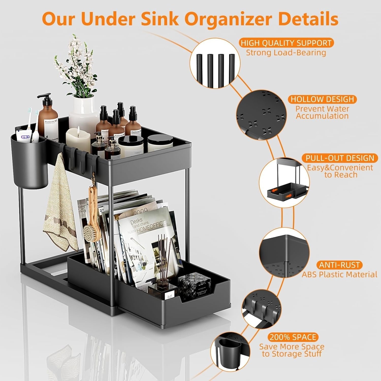 2 Tier Under Sink Organizer - Sliding Cabinet Rack for Kitchen and Bathroom