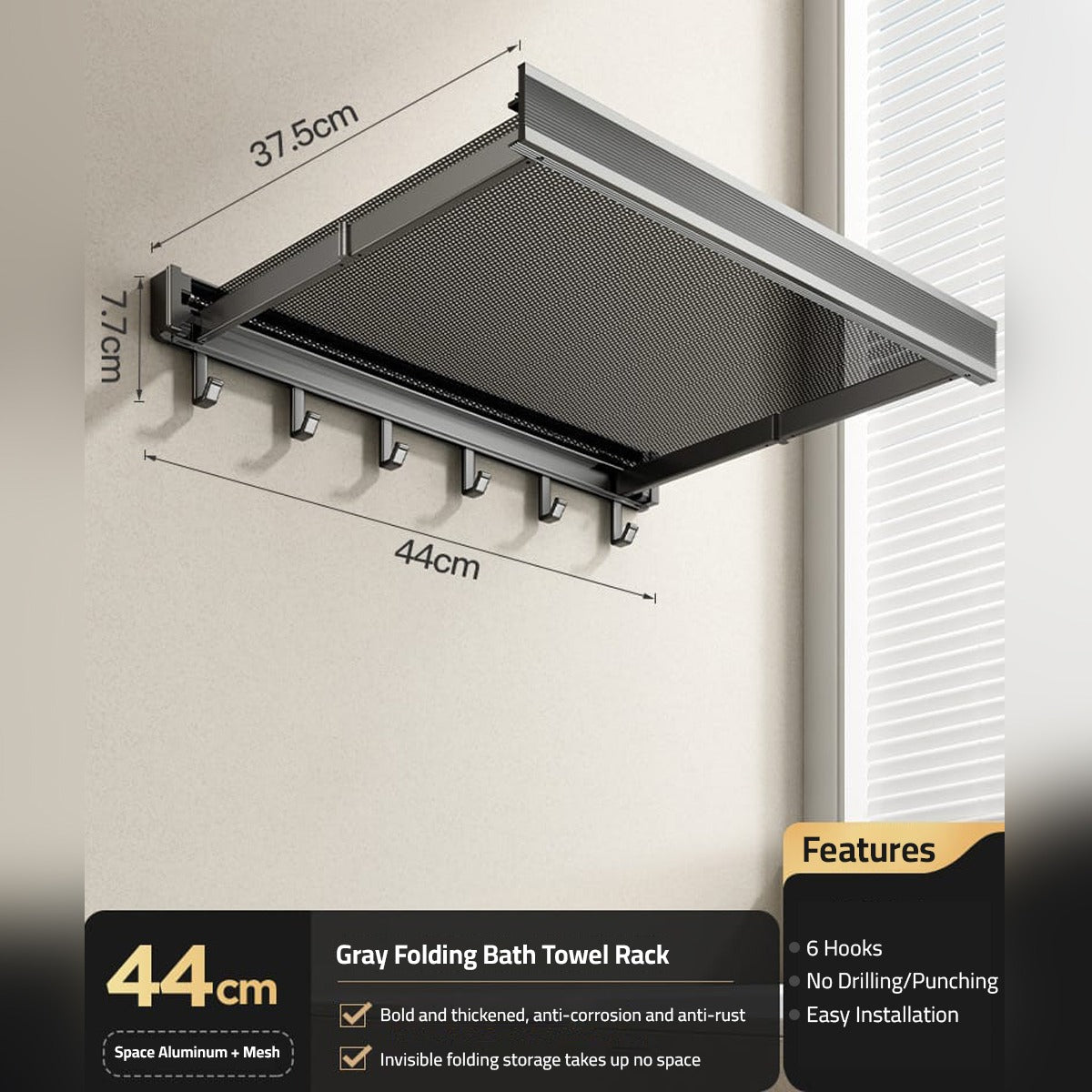 Wall-Mounted Foldable Drying Rack, Telescopic Cloth Drying Mesh Shelf, Organizer Rack With Hooks