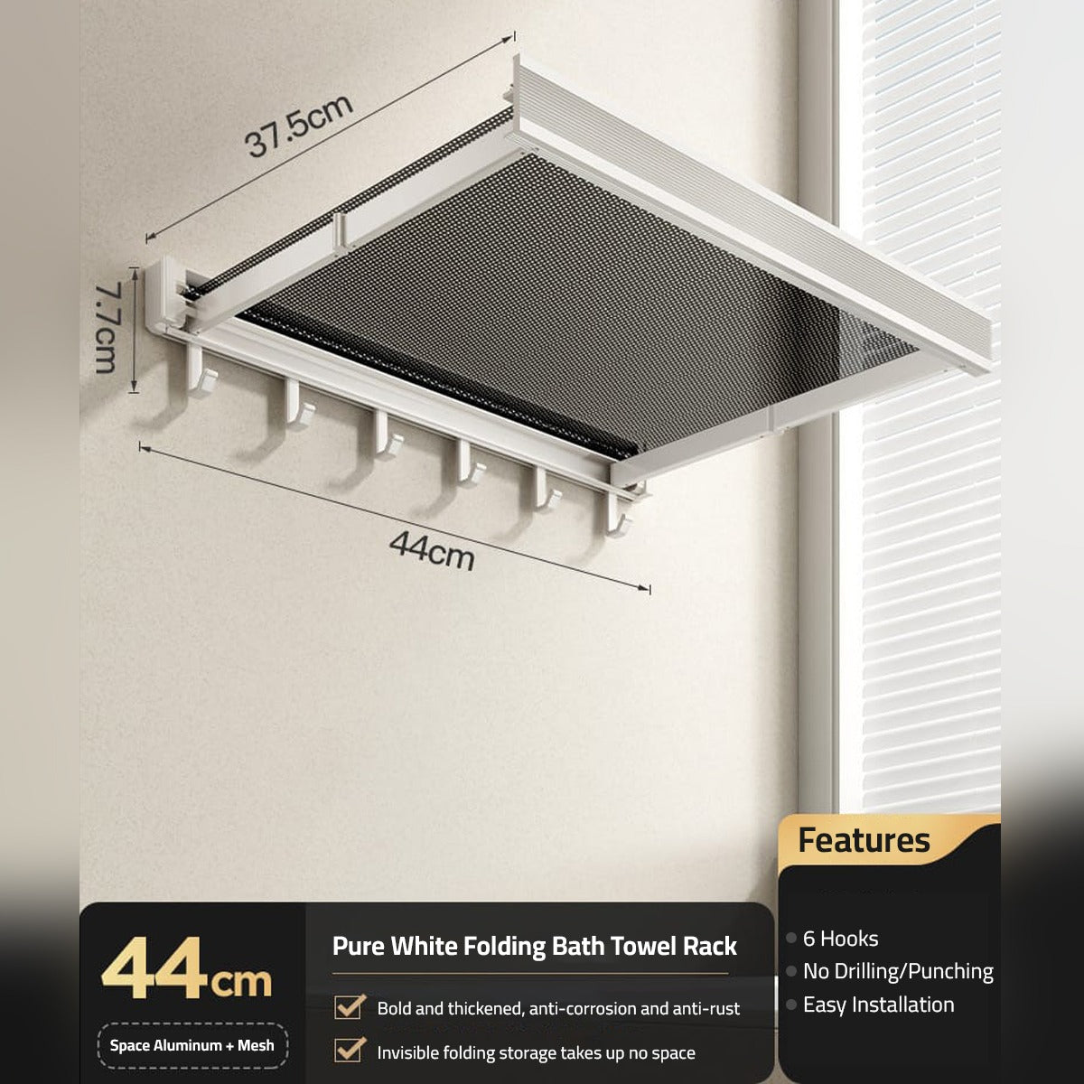 Wall-Mounted Foldable Drying Rack, Telescopic Cloth Drying Mesh Shelf, Organizer Rack With Hooks