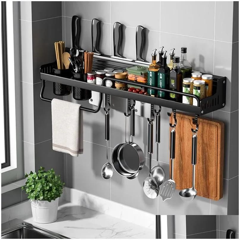 Wall- Mounted Kitchen Storage Rack, Multi-Purpose Kitchen Holder Spice, Spoon, Knife, Kitchen Towel Organizer