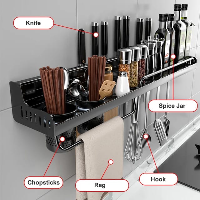 Wall- Mounted Kitchen Storage Rack, Multi-Purpose Kitchen Holder Spice, Spoon, Knife, Kitchen Towel Organizer
