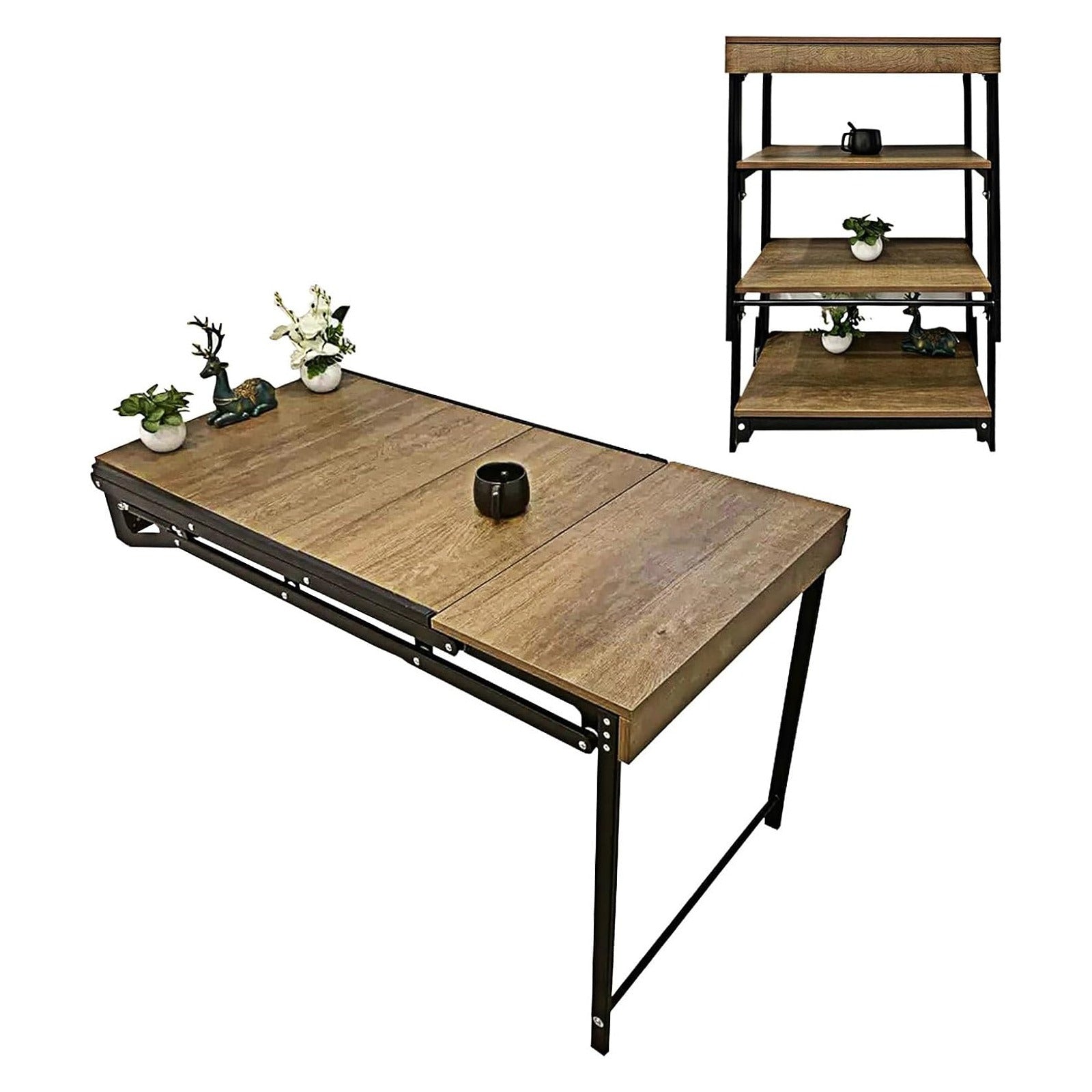 Wall-Mounted Folding Table with Convertible Storage Shelf Rack, Multi-Purpose Desk & Bookshelf Combo