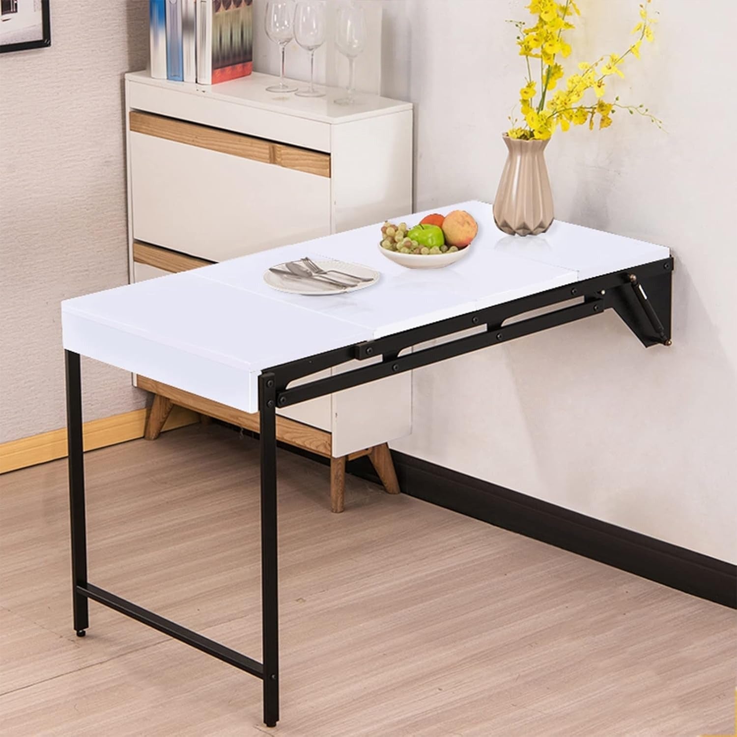 Wall-Mounted Folding Table with Convertible Storage Shelf Rack, Multi-Purpose Desk & Bookshelf Combo