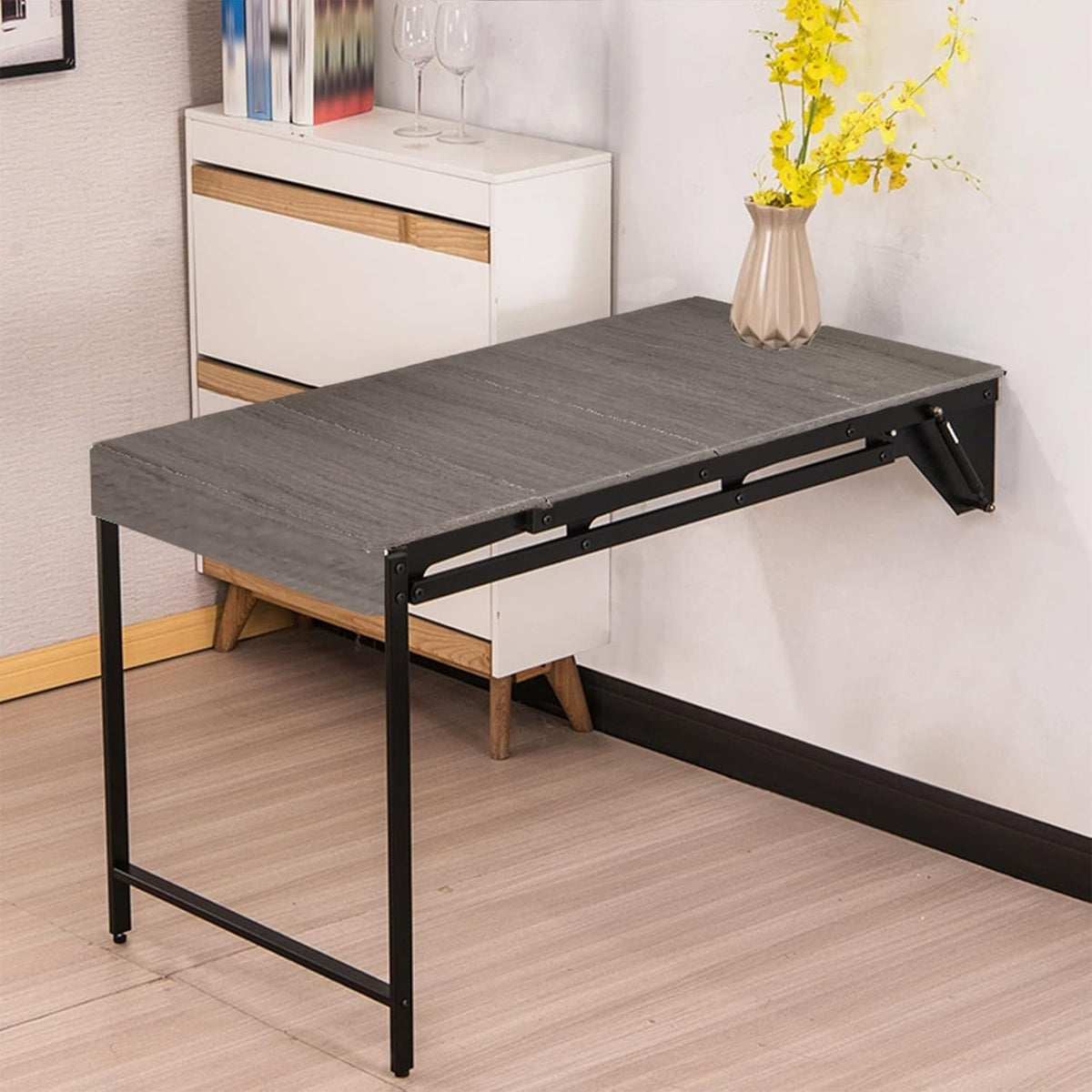 Wall-Mounted Folding Table with Convertible Storage Shelf Rack, Multi-Purpose Desk & Bookshelf Combo