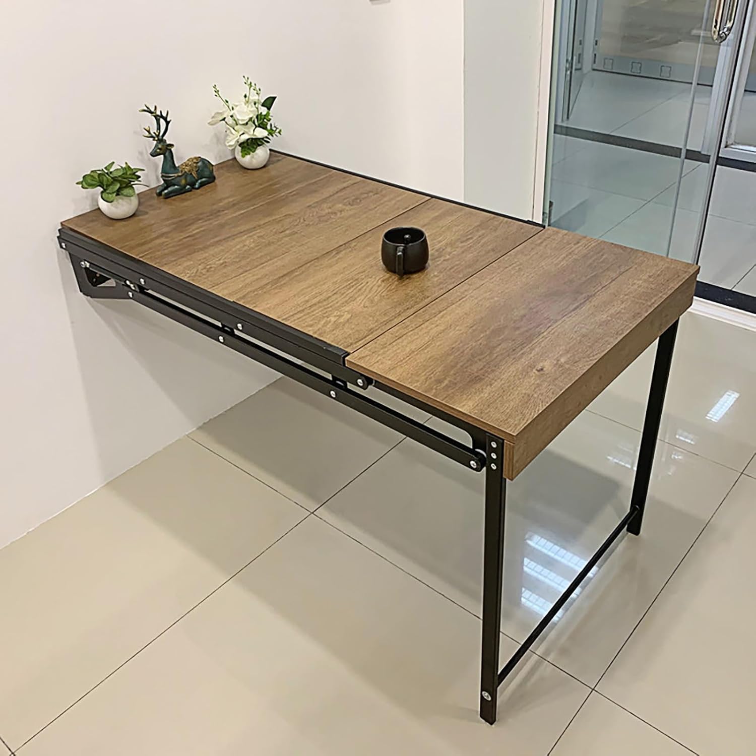 Wall-Mounted Folding Table with Convertible Storage Shelf Rack, Multi-Purpose Desk & Bookshelf Combo