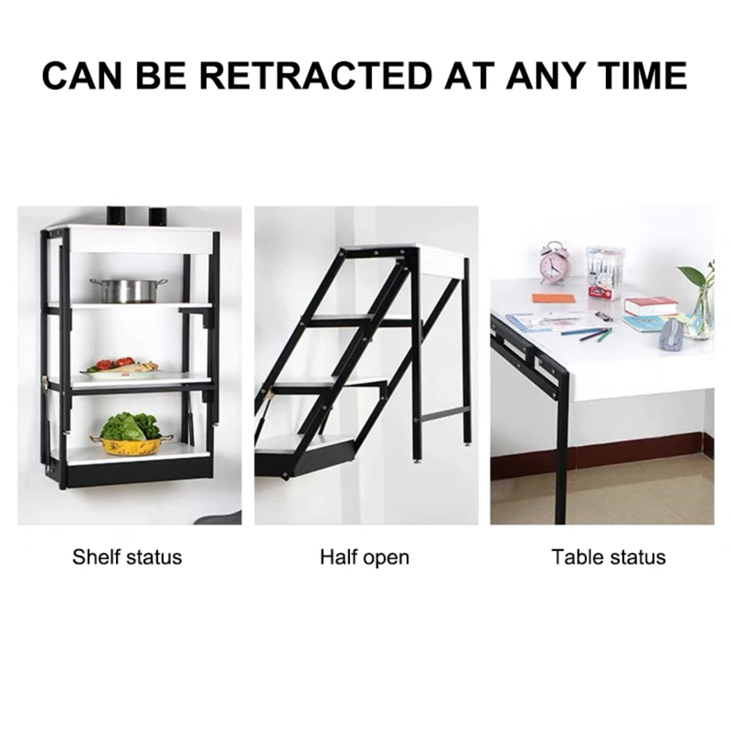 Wall-Mounted Folding Table with Convertible Storage Shelf Rack, Multi-Purpose Desk & Bookshelf Combo