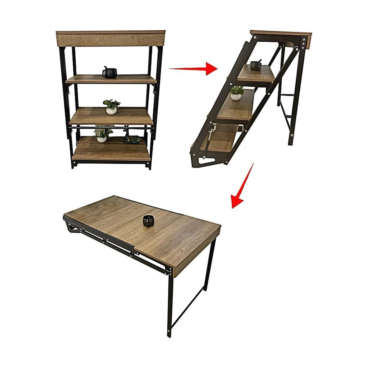 Wall-Mounted Folding Table with Convertible Storage Shelf Rack, Multi-Purpose Desk & Bookshelf Combo